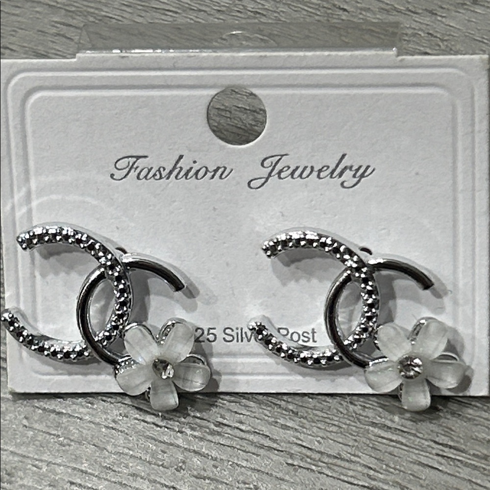 Double C Crystal & Flower Accent Stud Glam Earrings – 925 Silver Post NWT